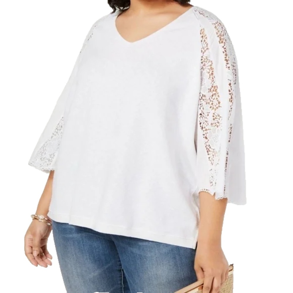 INC Women's White 3/4 Lace Sleeve V-neck Hi/Lo Hem Sweater Plus Size 2X